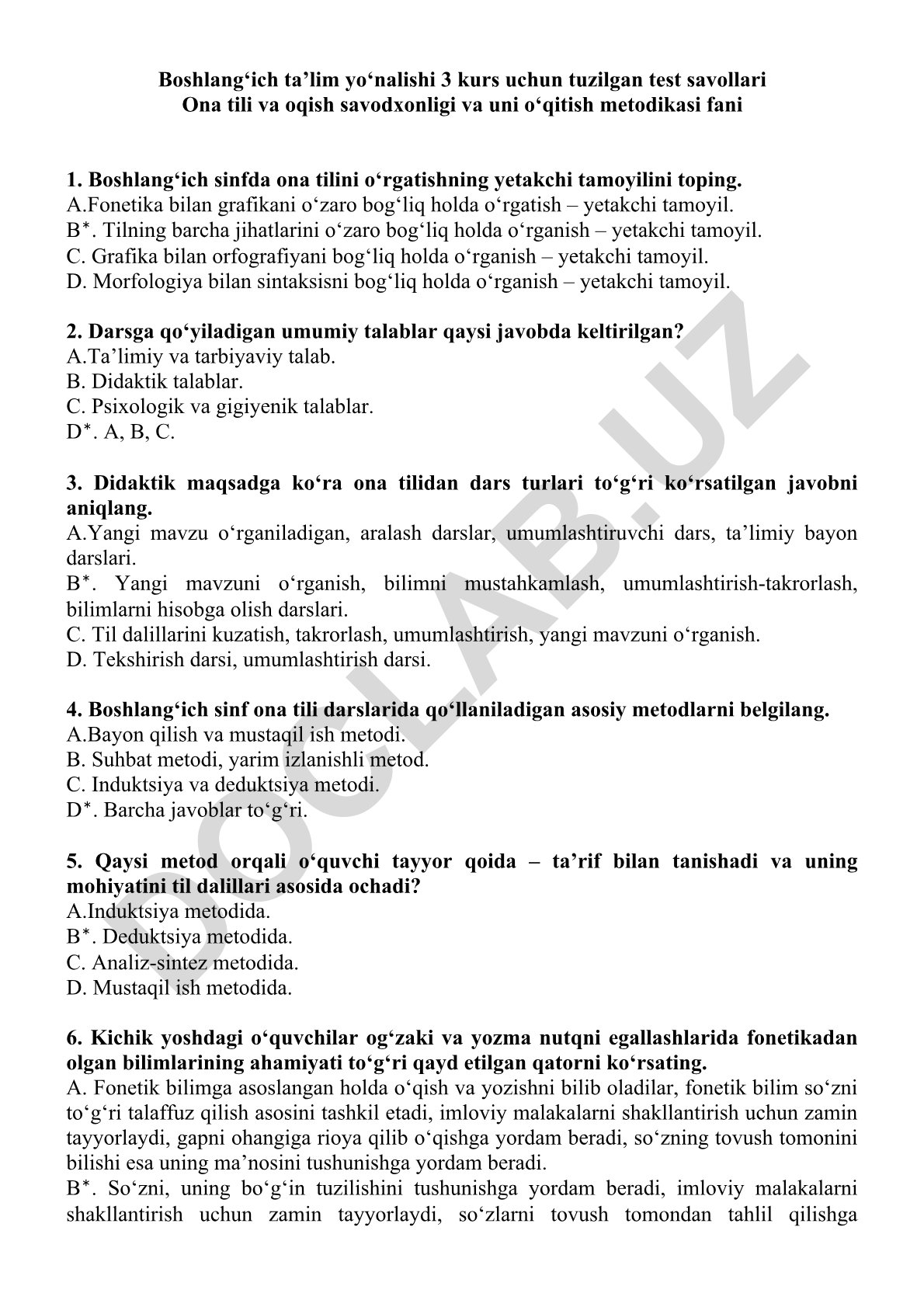Boshlang'ich sinflarda ona tili va o'qish savodxonligi o'qitish metodikasi test savollari