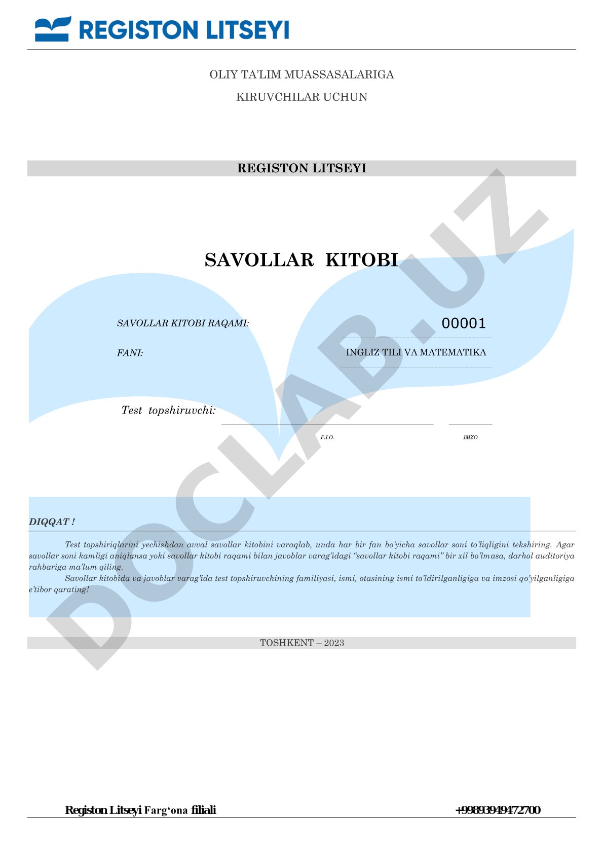 Oliy ta’lim muassasalariga kiruvchilar uchun Registon litseyi savollar kitobi