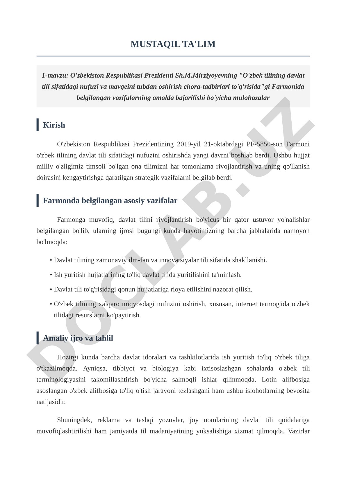 O'zbek tilining davlat tili sifatidagi nufuzi va mavqeini tubdan oshirish