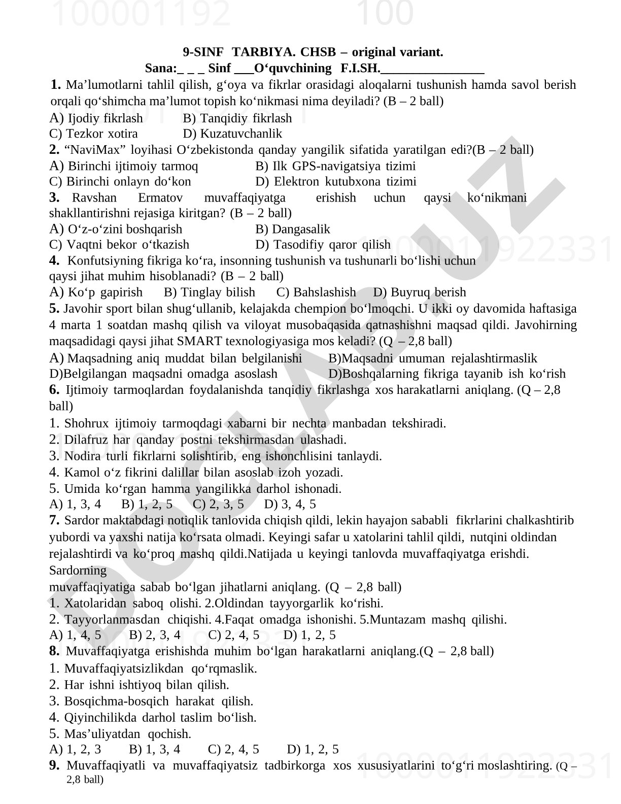 9-sinf Tarbiya CHSB original variant