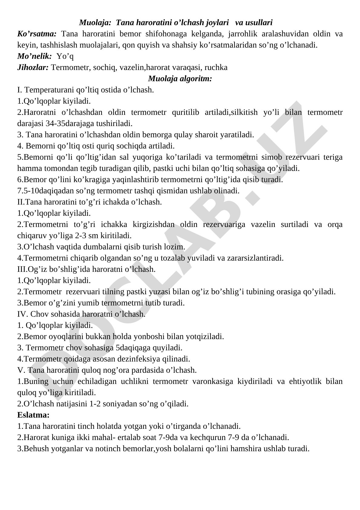 Tana haroratini o'lchash joylari va usullari