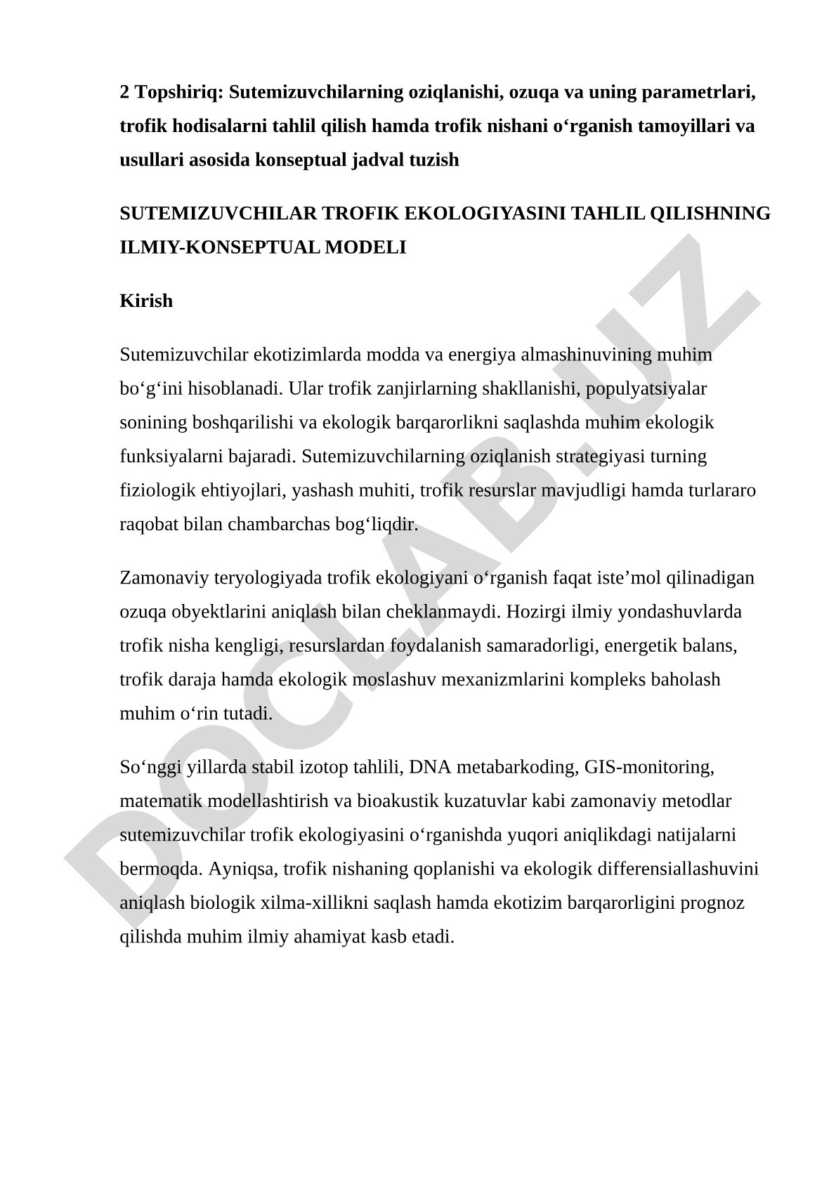 Sutemizuvchilar trofik ekologiyasini tahlil qilishning ilmiy-konseptual modeli