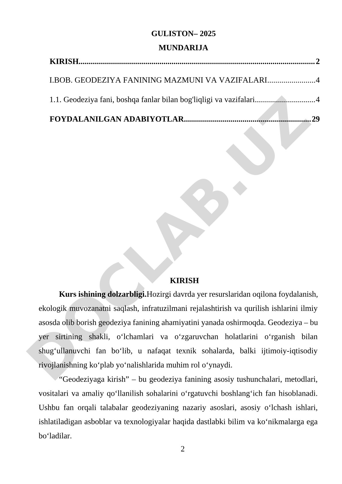 Geodeziya fanining mazmuni, vazifalari, tarmoqlari, tarixi va Yer shari geodezik