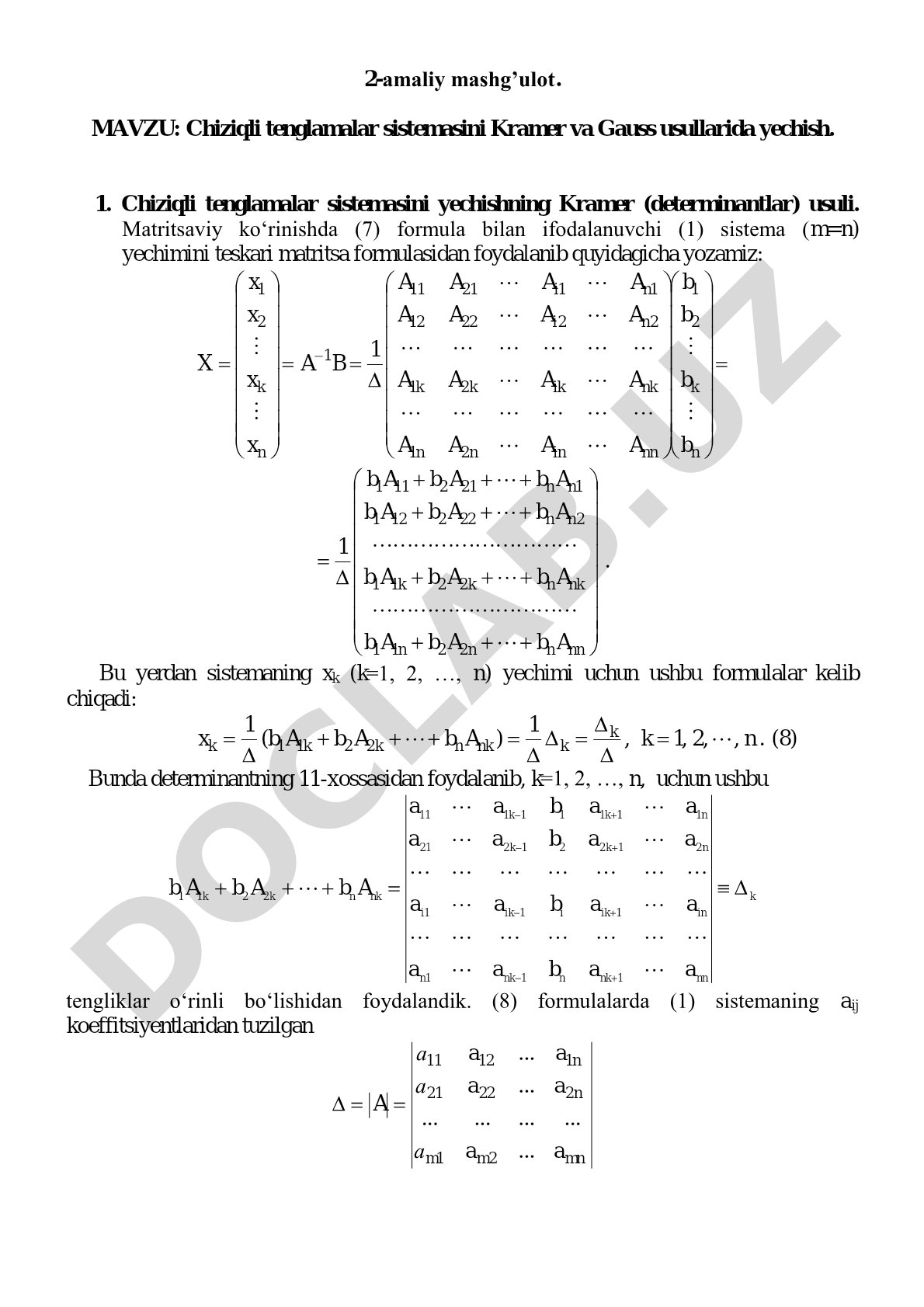 Chiziqli tenglamalar sistemasini Kramer va Gauss usullarida yechish