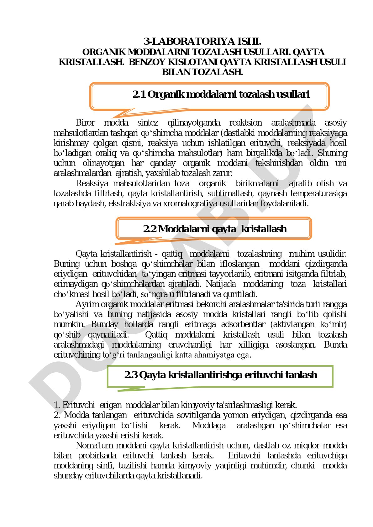ORGANIK MODDALARNI TOZALASH USULLARI