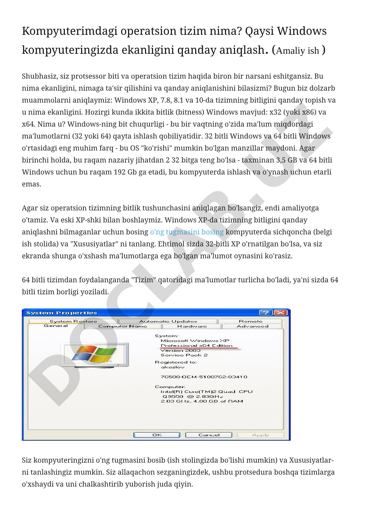 Windows operatsion tizimining bitligini aniqlash