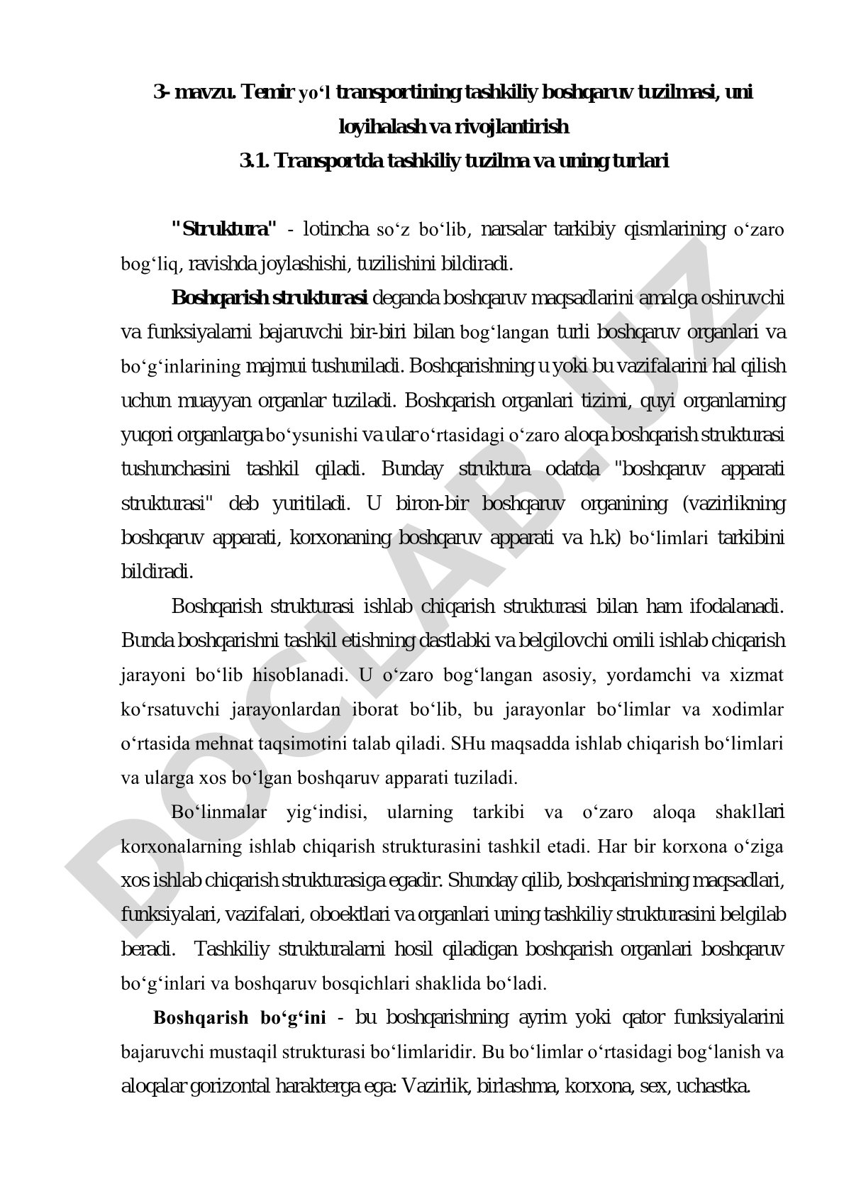 Temir yo‘l transportining tashkiliy boshqaruv tuzilmasi, uni loyihalash va rivojlantirish