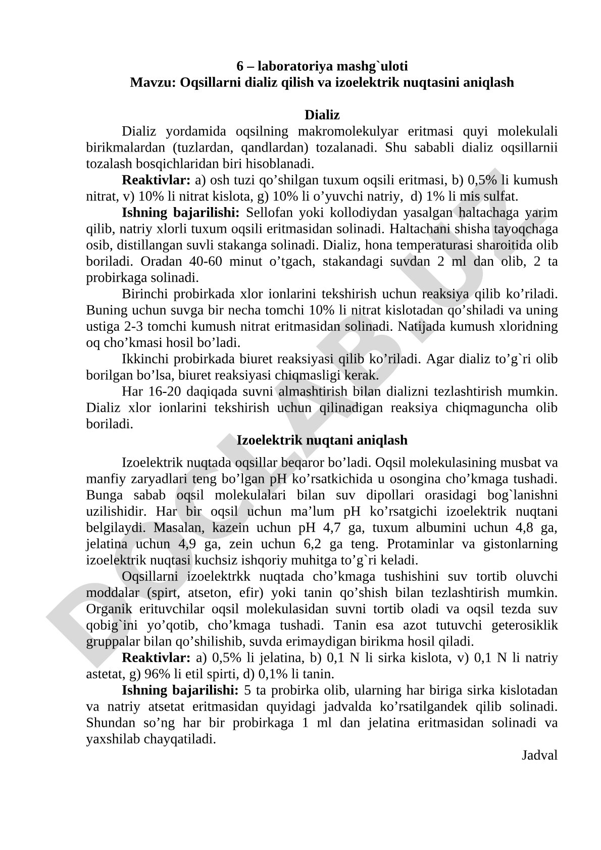 Oqsillarni dializ qilish va izoelektrik nuqtasini aniqlash