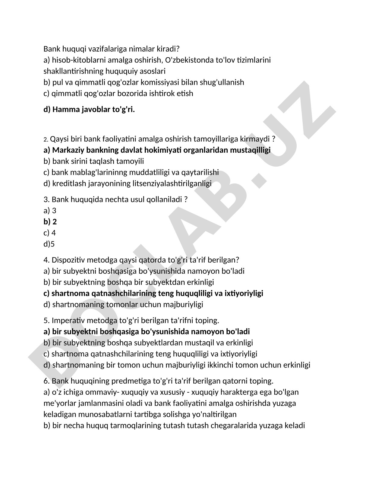 Bank huquqi bo'yicha test savollari