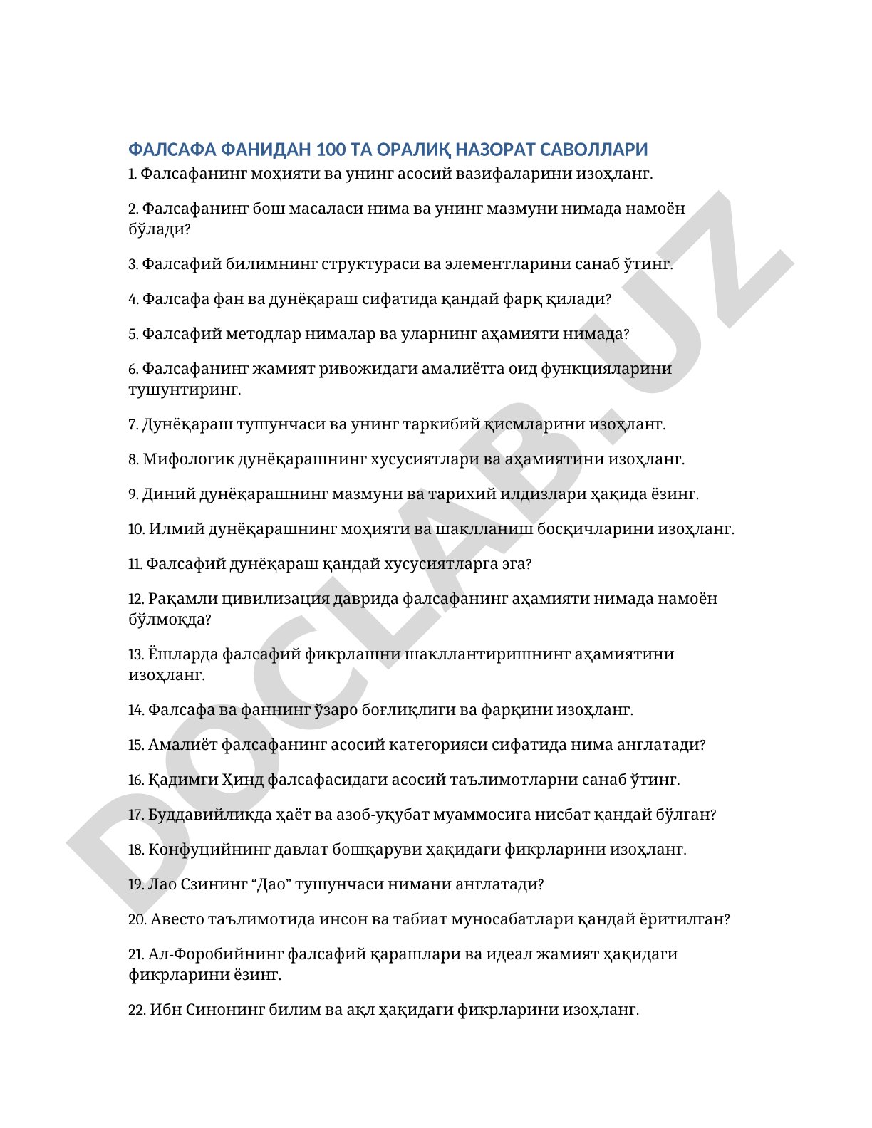 ФАЛСАФА ФАНИДАН 100 ТА ОРАЛИҚ НАЗОРАТ САВОЛЛАРИ