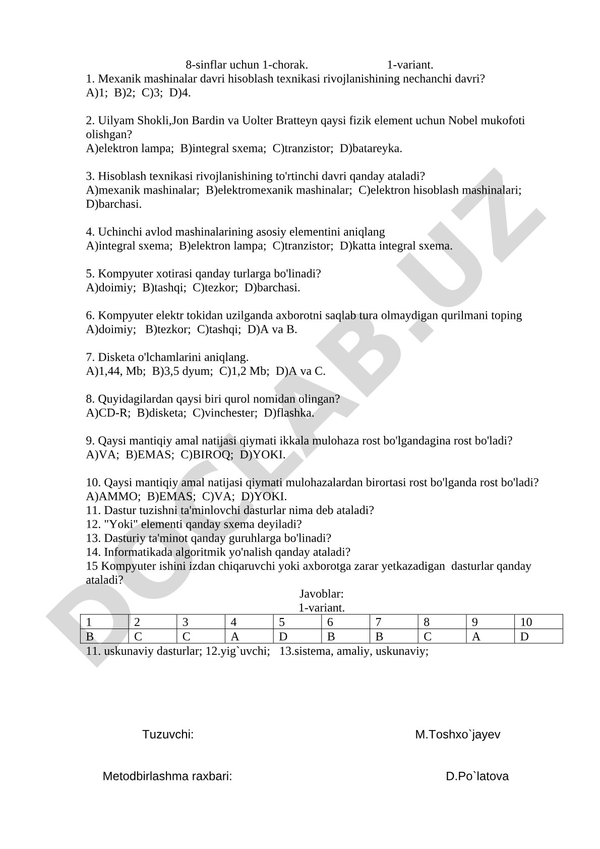 8-sinflar uchun 1-chorak. 1-variant.