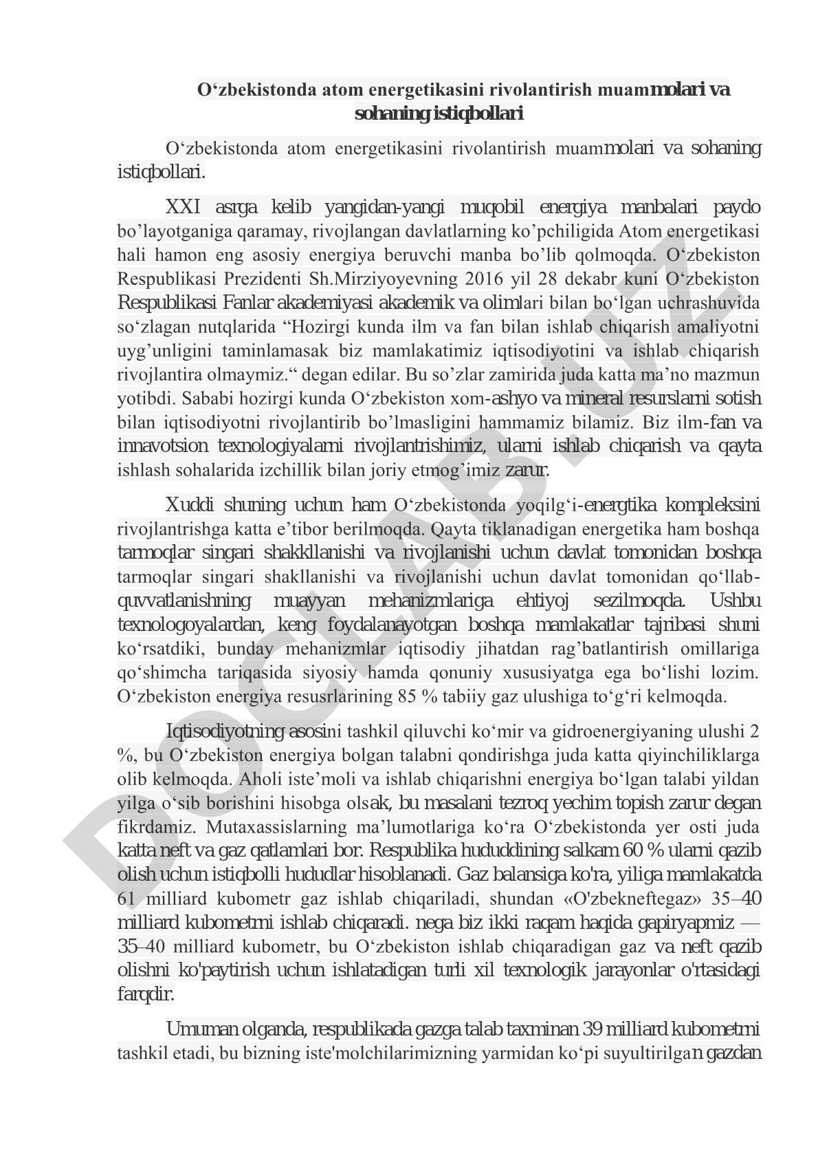 O‘zbekistonda atom energetikasini rivolantirish muammolari va sohaning istiqbollari