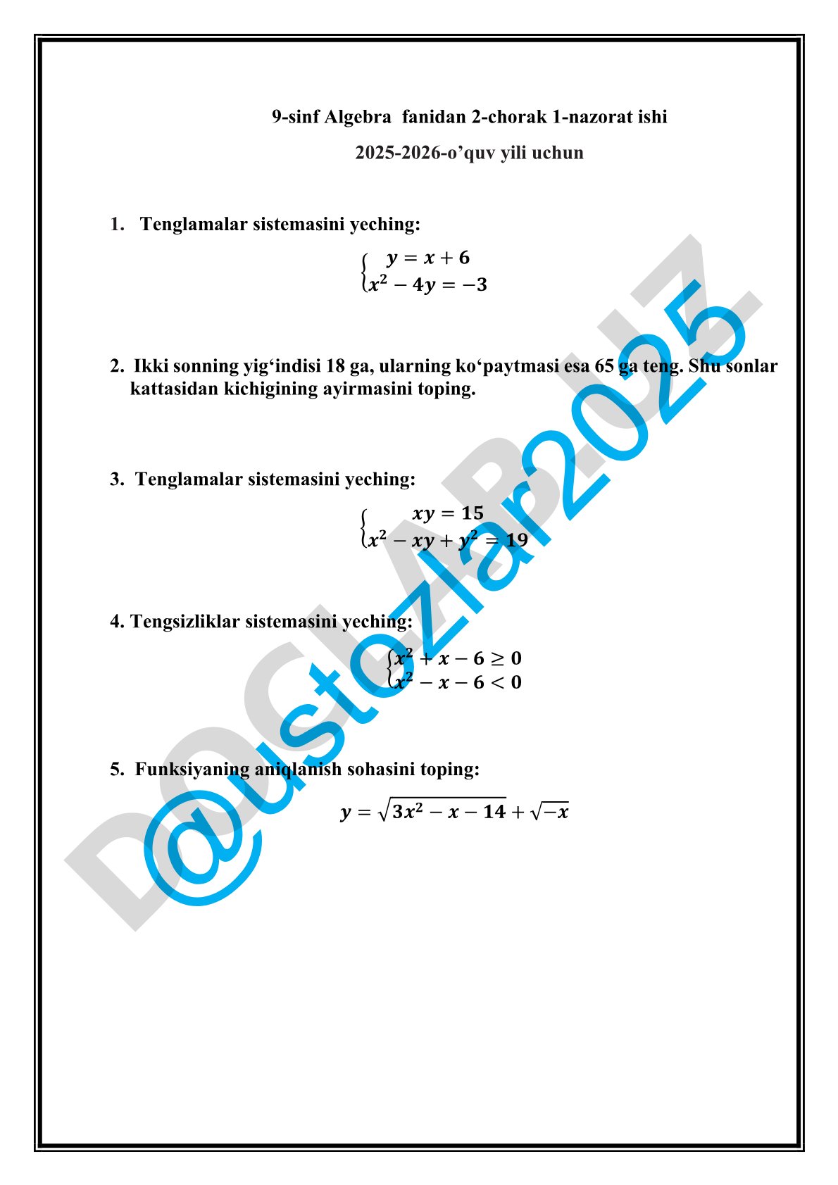 9-sinf Algebra fanidan 2-chorak 1-nazorat ishi 2025-2026-o’quv yili uchun
