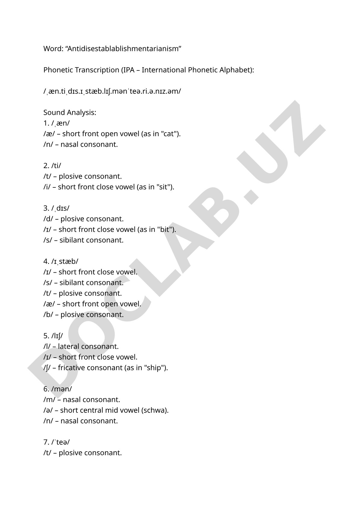 IPA transcription and sound analysis of Antidisestablablishmentarianism