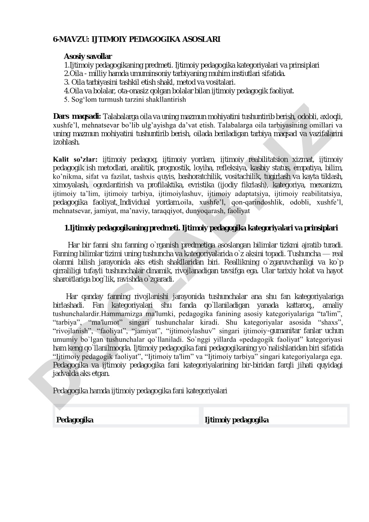 Ijtimoiy pedagogikaning predmeti, kategoriyalari, oila tarbiyasi va ijtimoiy pedagogik