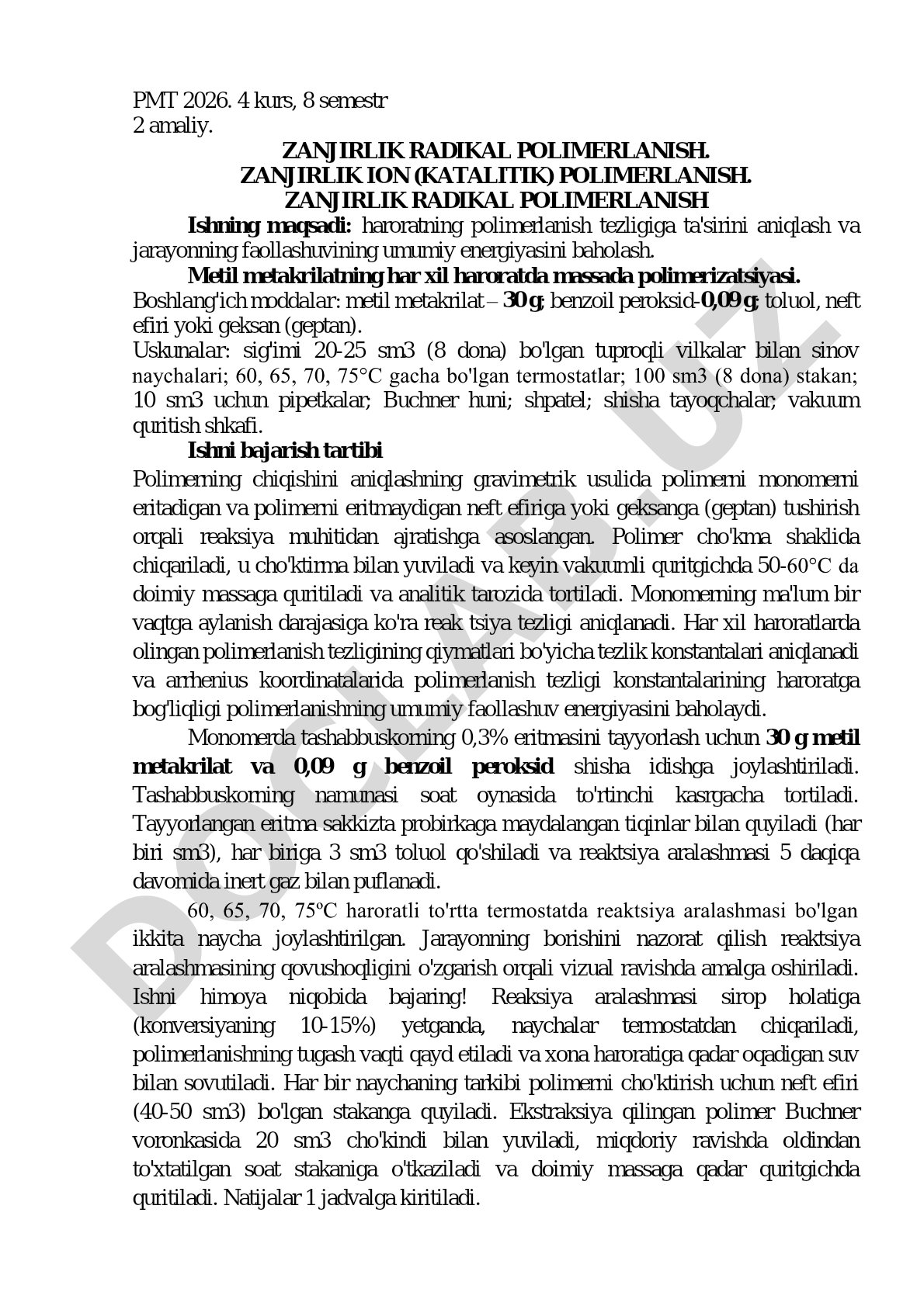 Zanjirli radikal polimerlanishda haroratning polimerlanish tezligiga ta'siri