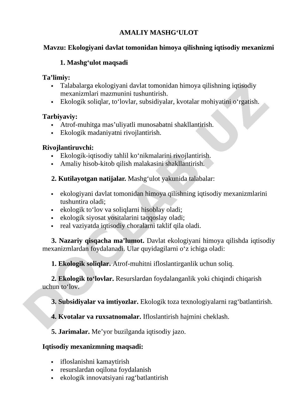 Ekologiyani davlat tomonidan himoya qilishning iqtisodiy mexanizmi