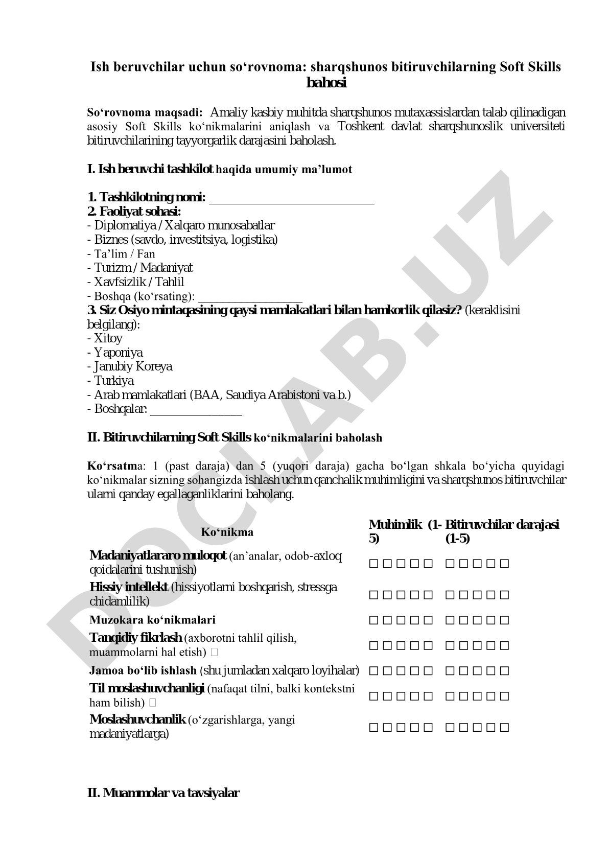 Ish beruvchilar uchun so‘rovnoma: sharqshunos bitiruvchilarning Soft Skills bahosi
