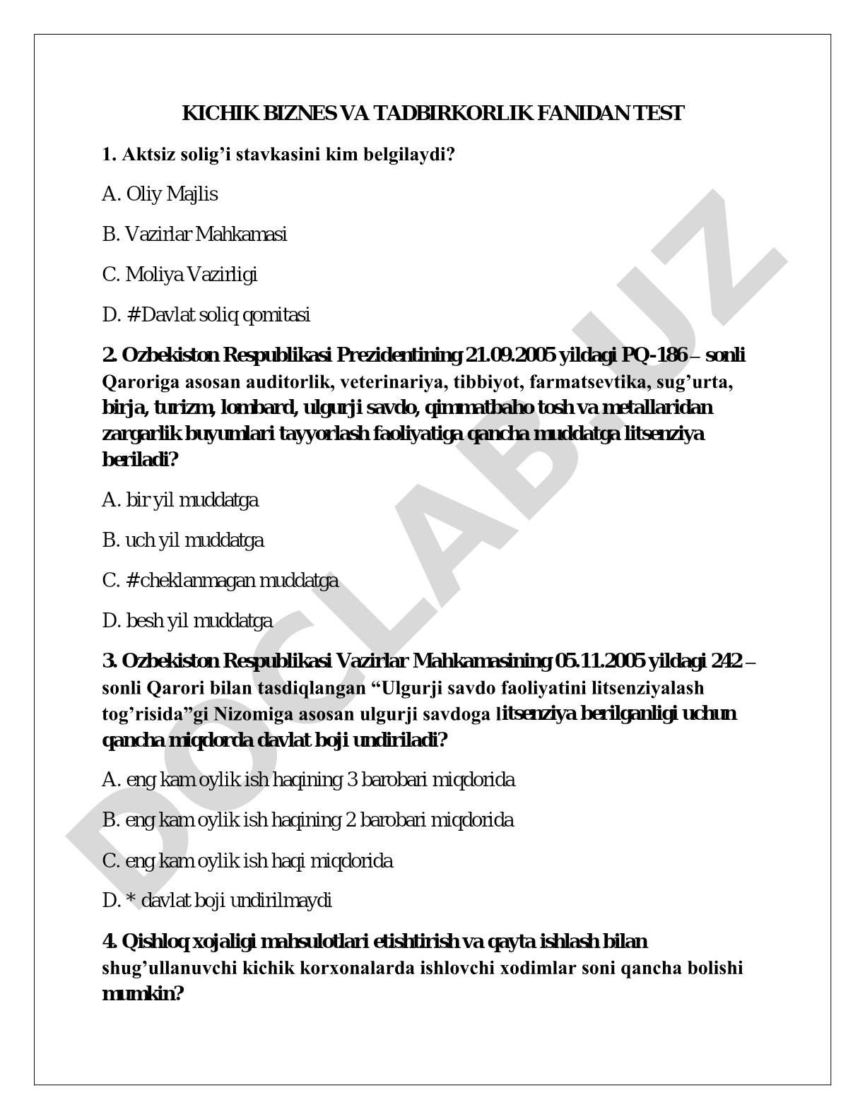Kichik biznes va tadbirkorlik fanidan test
