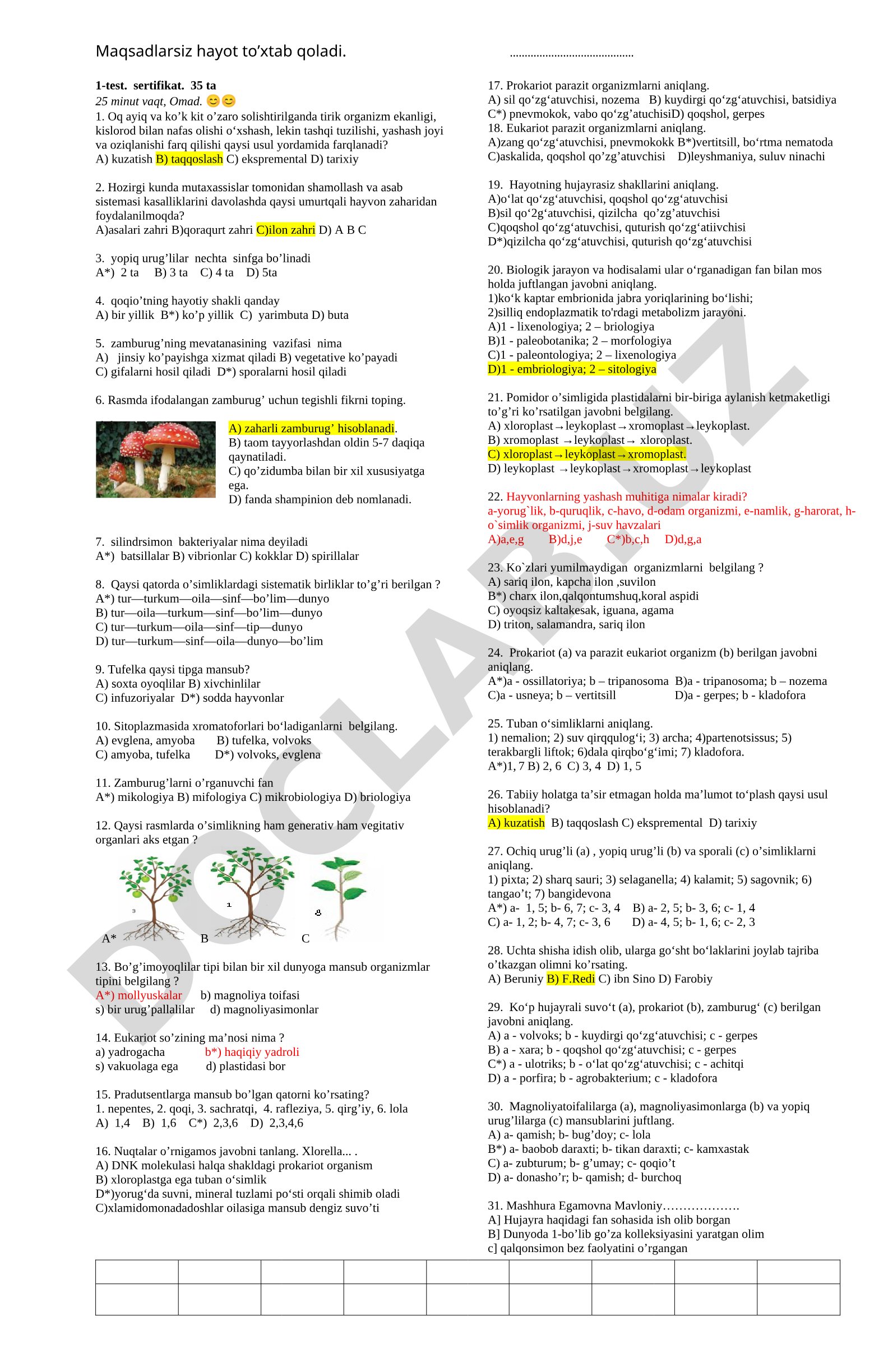 Biologiya fanidan test savollari
