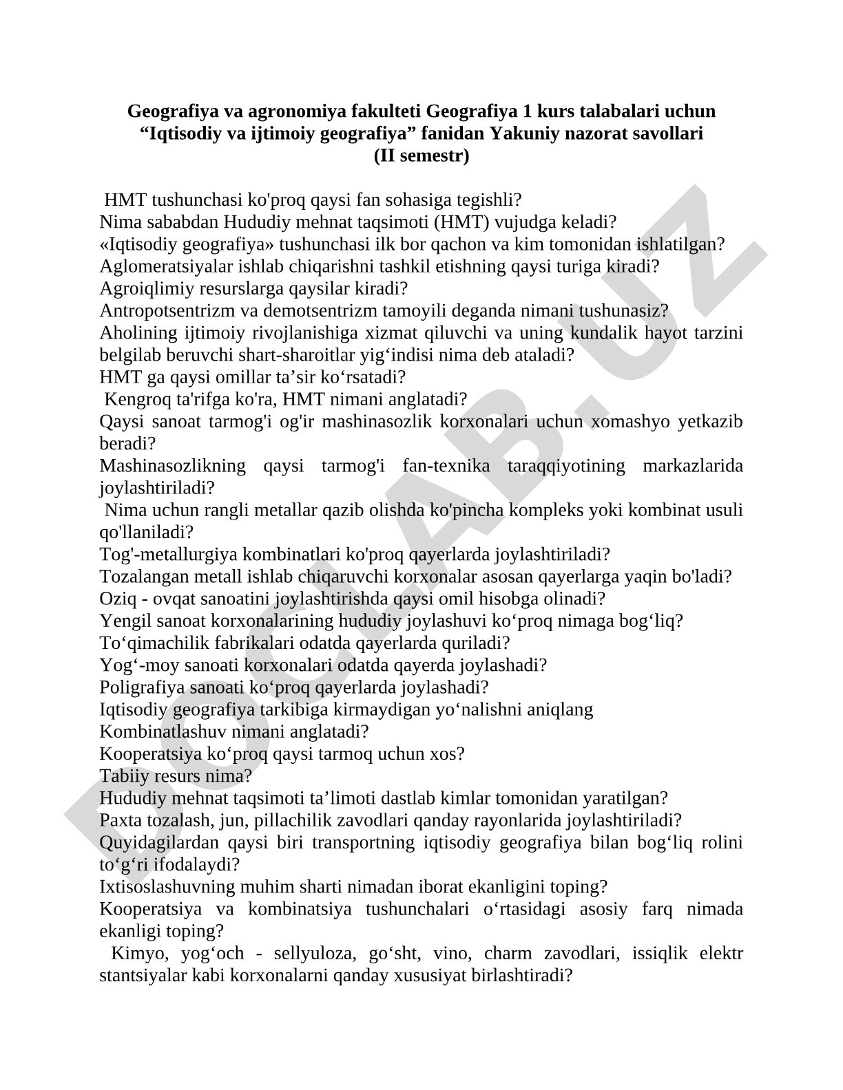 Iqtisodiy va ijtimoiy geografiya fanidan yakuniy nazorat savollari