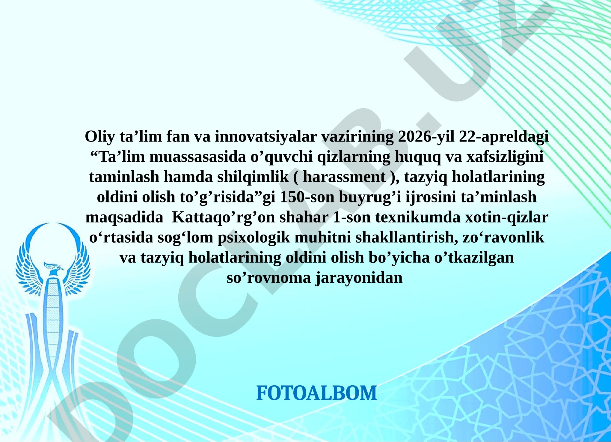 Kattaqo'rg'on shahar 1-son texnikumda xotin-qizlar o'rtasida sog'lom psixologik muhitni shakllantirish, zo'ravonlik va tazyiq holatlarining oldini olish bo'yicha so'rovnoma jarayoni fotosuratlari