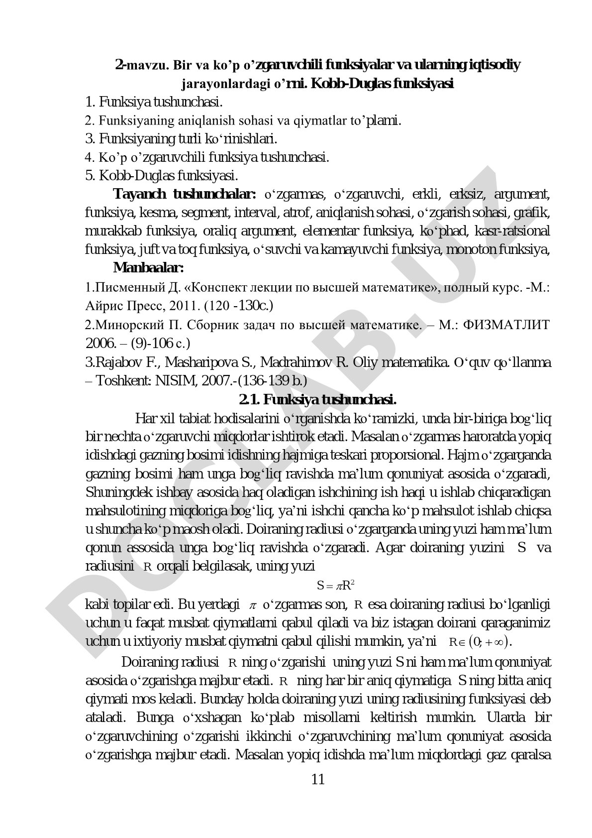 Bir va ko‘p o‘zgaruvchili funksiyalar va ularning iqtisodiy jarayonlardagi o‘rni. Kobb-Duglas funksiyasi