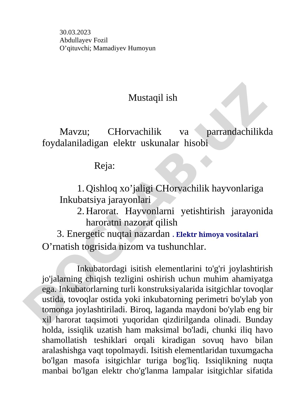 Chorvachilik va parrandachilikda foydalaniladigan elektr uskunalar hisobi