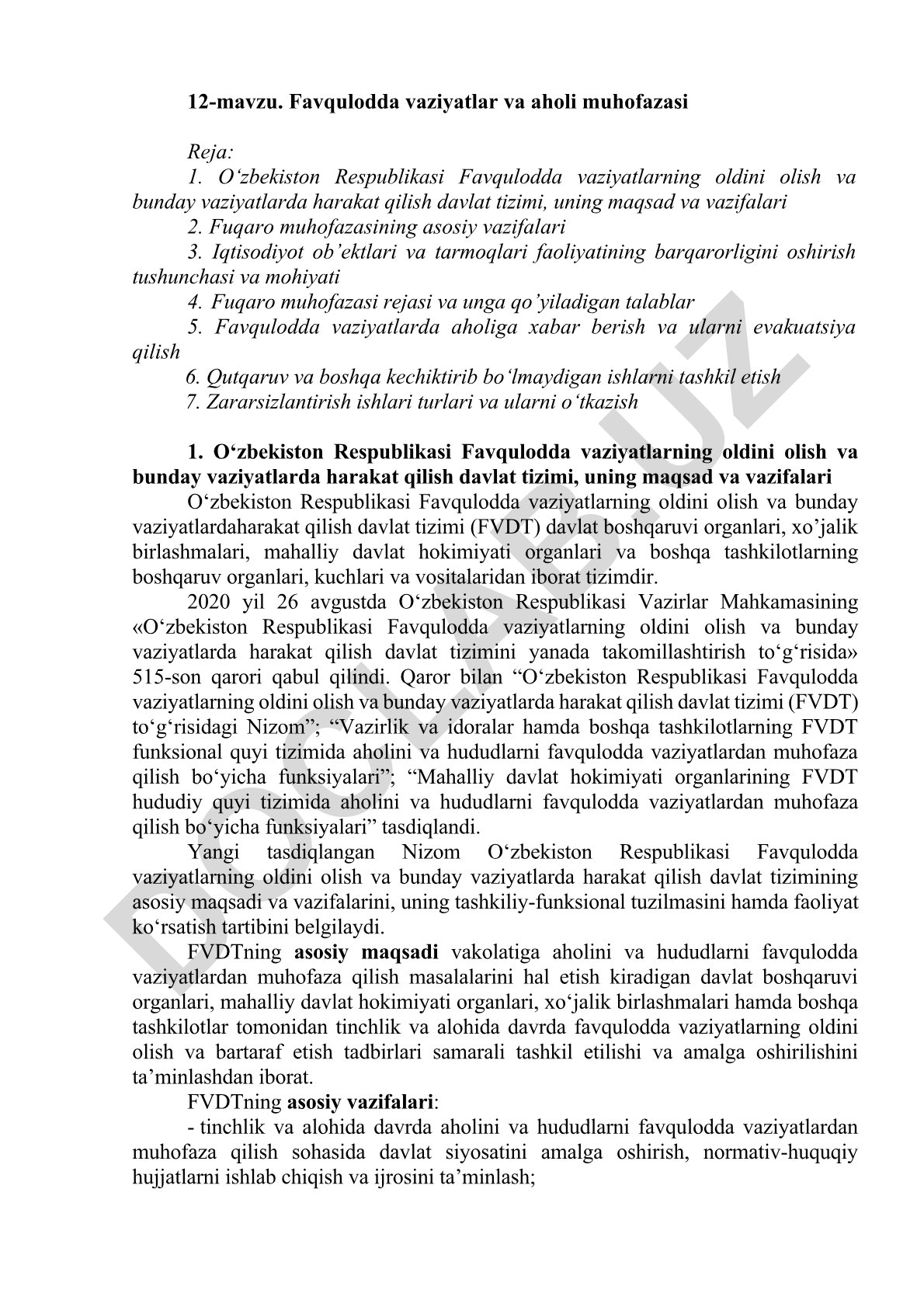 Favqulodda vaziyatlar va aholi muhofazasi