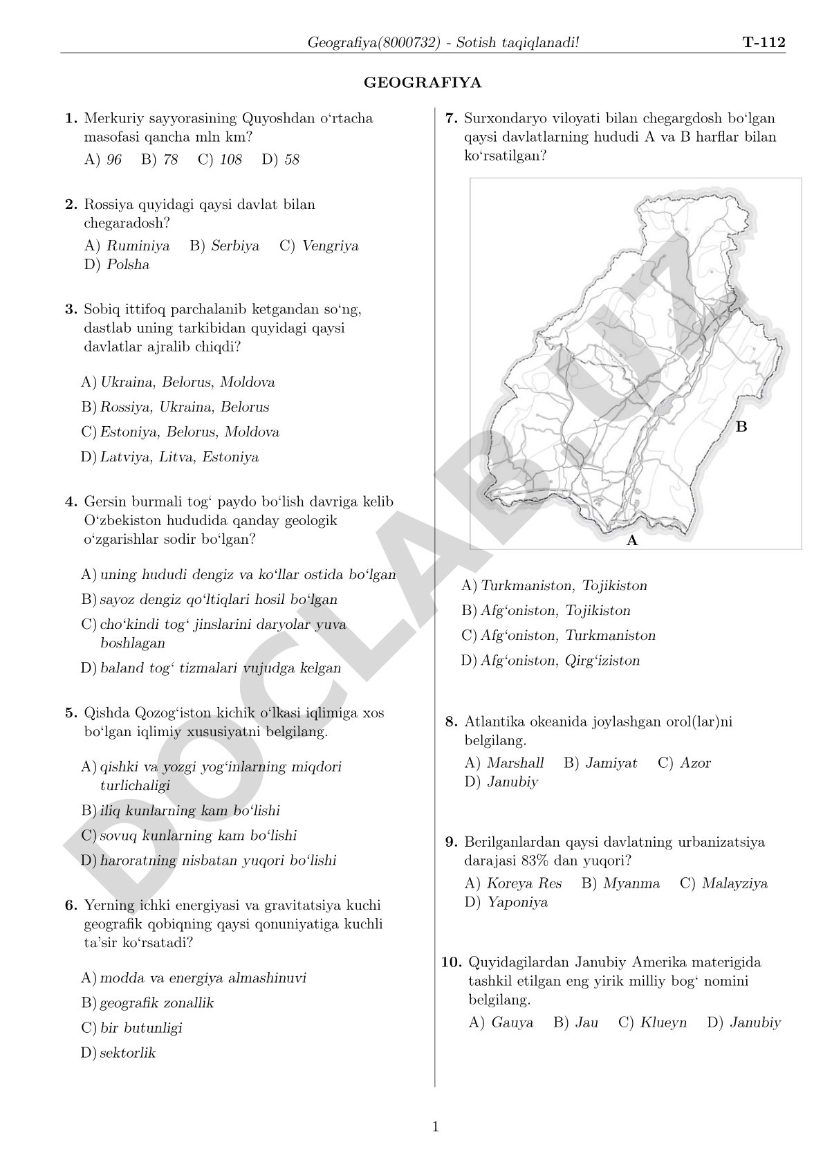 Geografiya test savollari