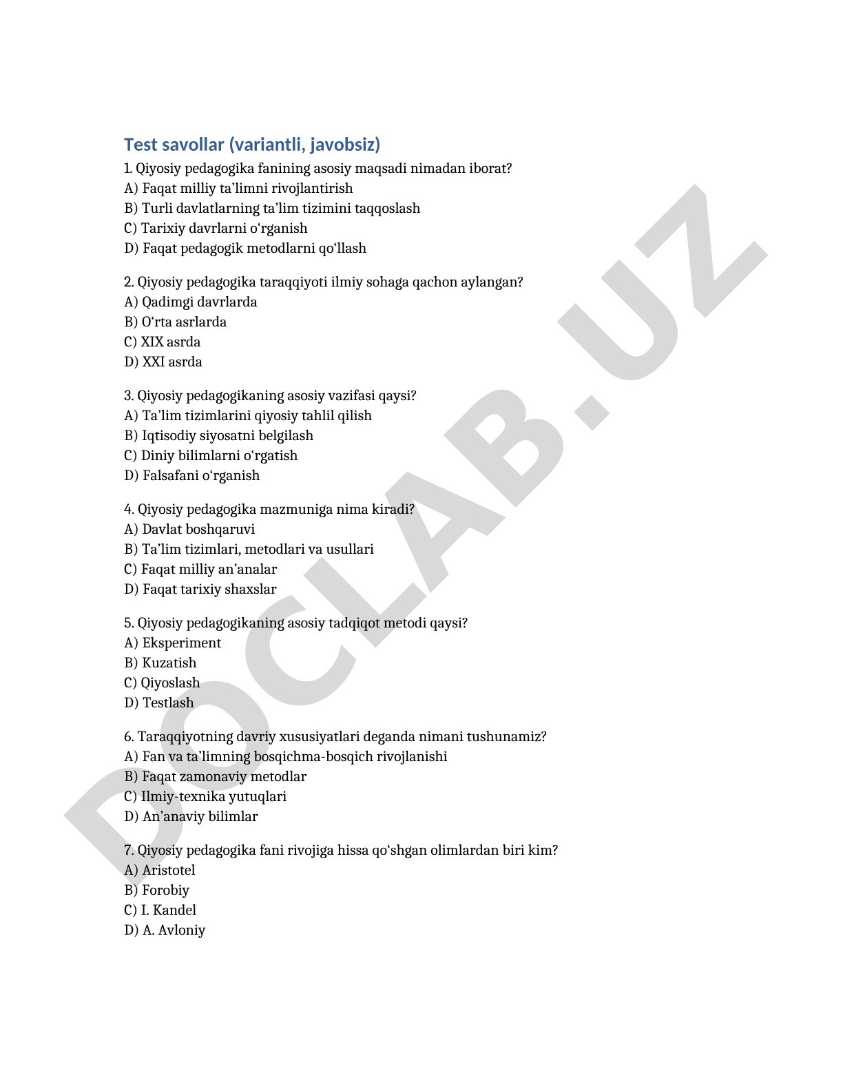 Qiyosiy pedagogika test savollari