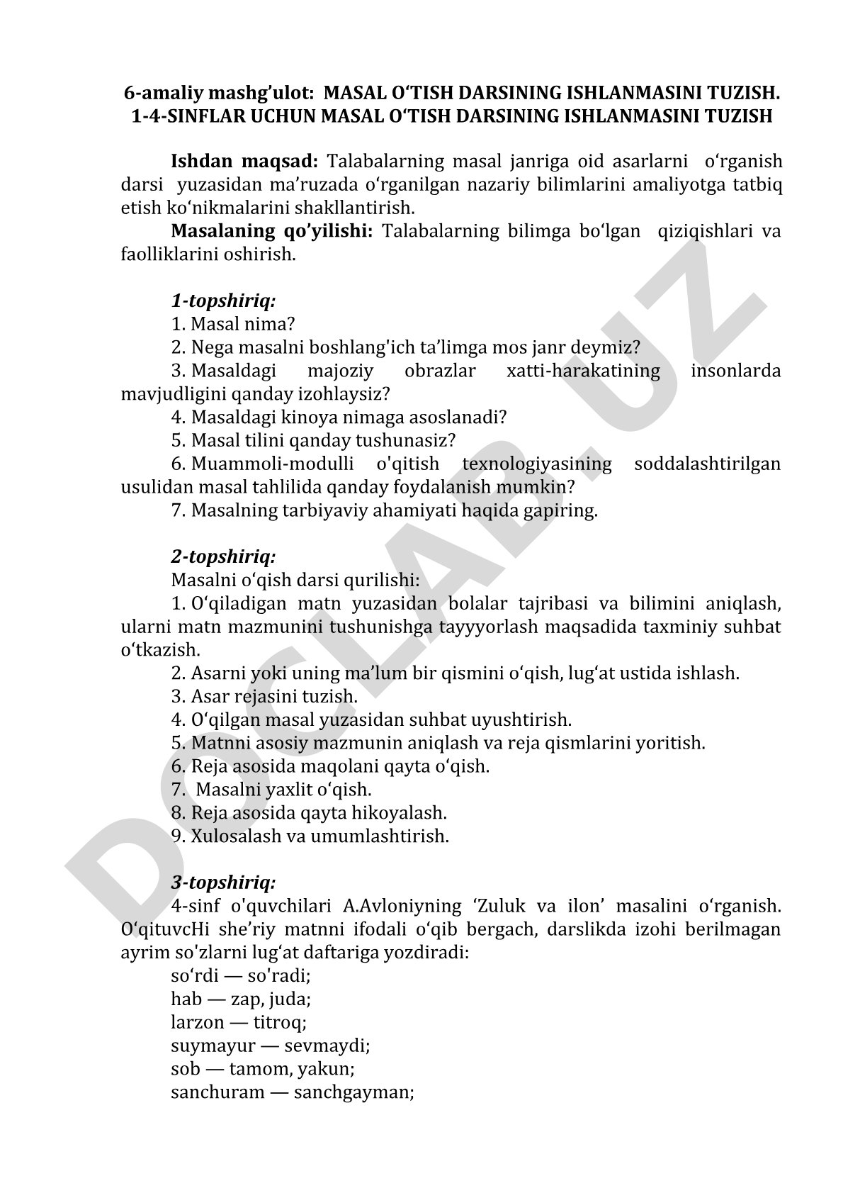 1-4-sinflar uchun masal o‘tish darsining ishlanmasini tuzish