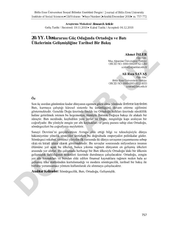 20. YY. Uluslararası Güç Odağında Ortadoğu ve Batı Ülkelerinin Gelişmişliğine Tarihsel Bir Bakış