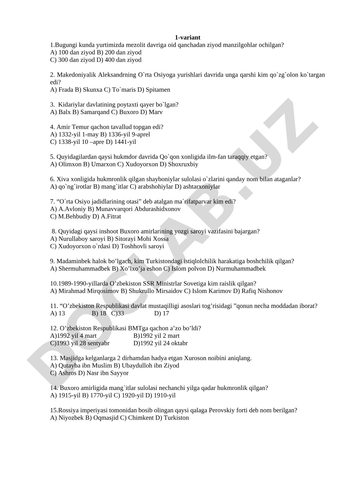 O'zbekiston tarixi test savollari