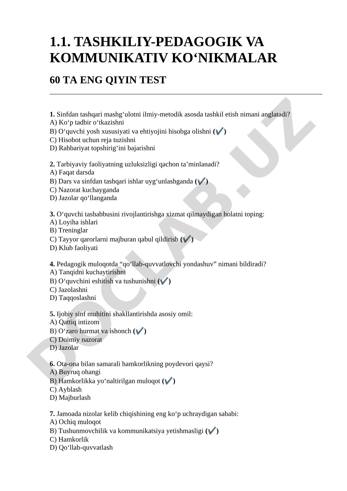 Tashkiliy-pedagogik va kommunikativ ko‘nikmalar 60 ta eng qiyin test