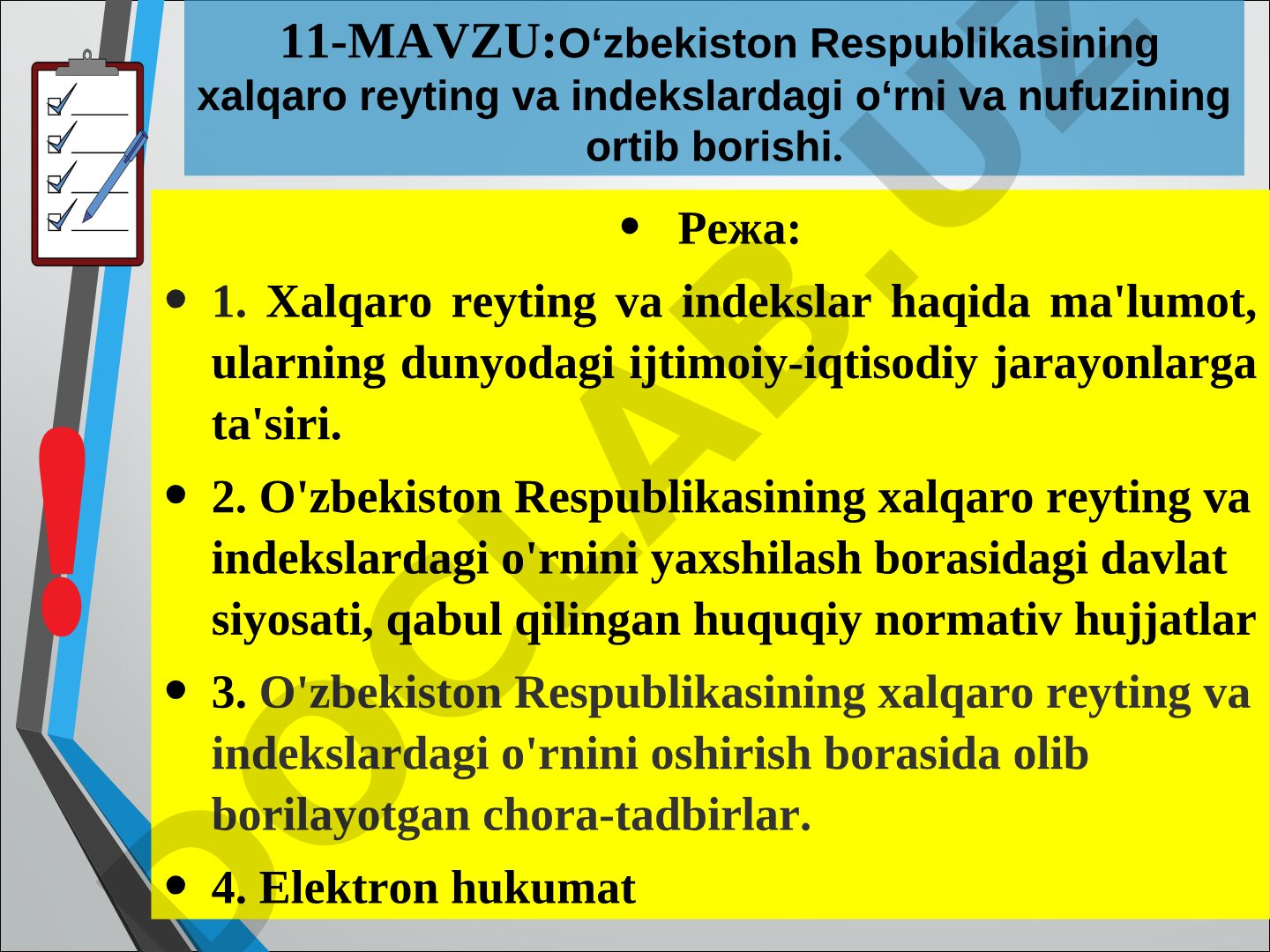 O‘zbekiston Respublikasining xalqaro reyting va indekslardagi o‘rni va nufuzining ortib borishi