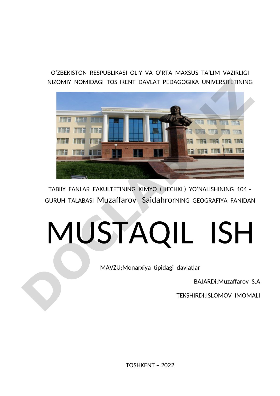 Monarxiya tushunchasi, turlari va saqlanib qolgan mamlakatlar haqida mustaqil ish