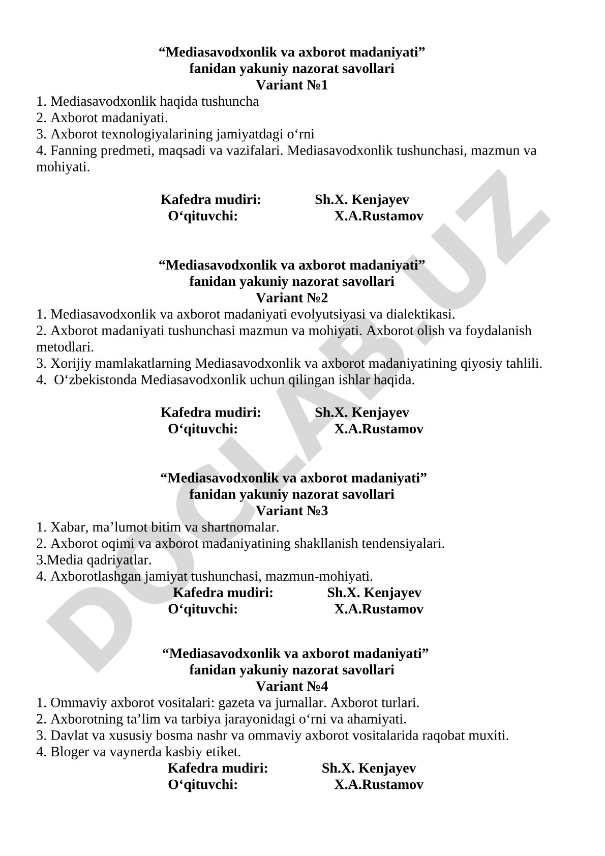 Mediasavodxonlik va axborot madaniyati fanidan yakuniy nazorat savollari