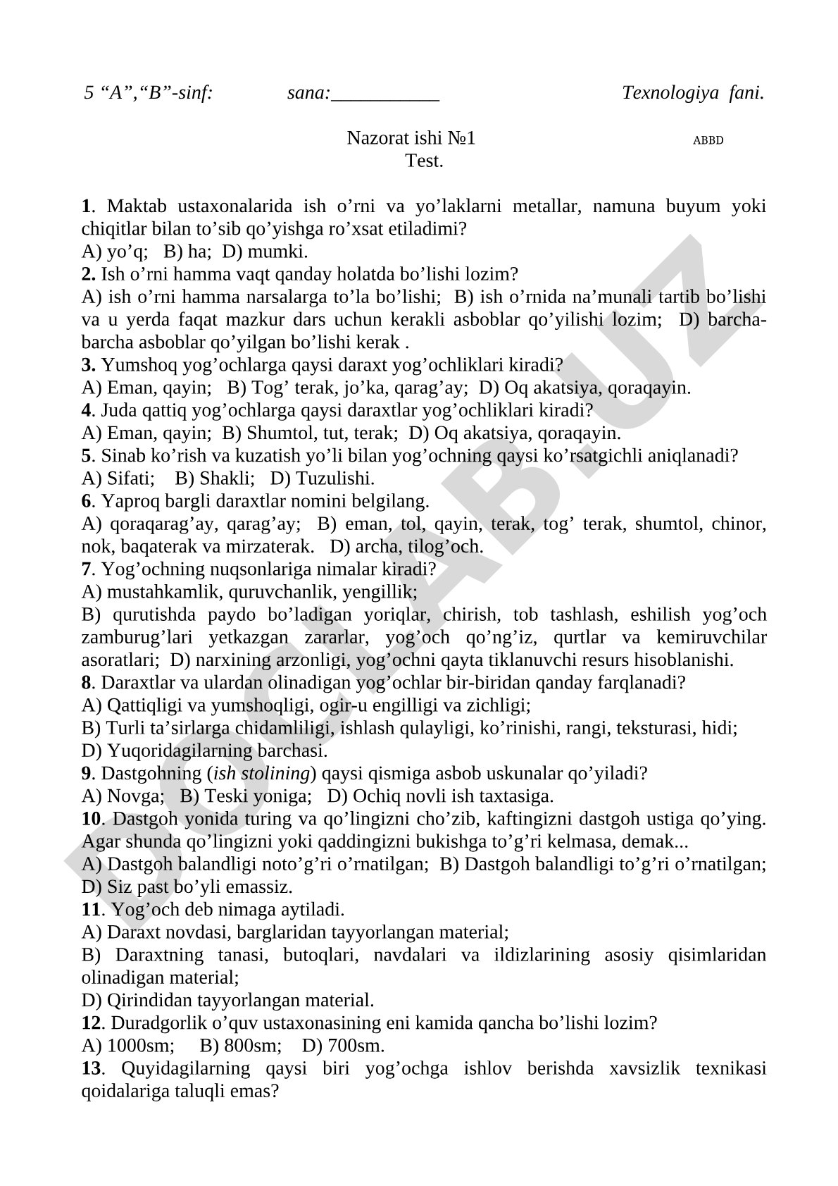 Texnologiya fanidan nazorat ishi test savollari