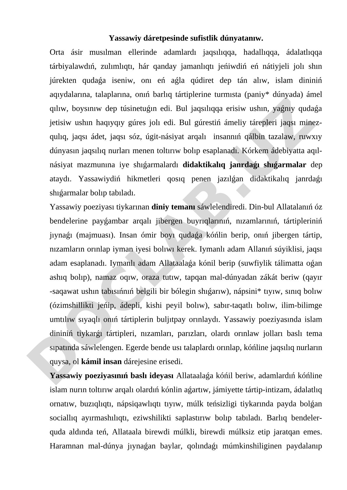 Yassawiy dáretpesinde sufistlik dúnyatanıw