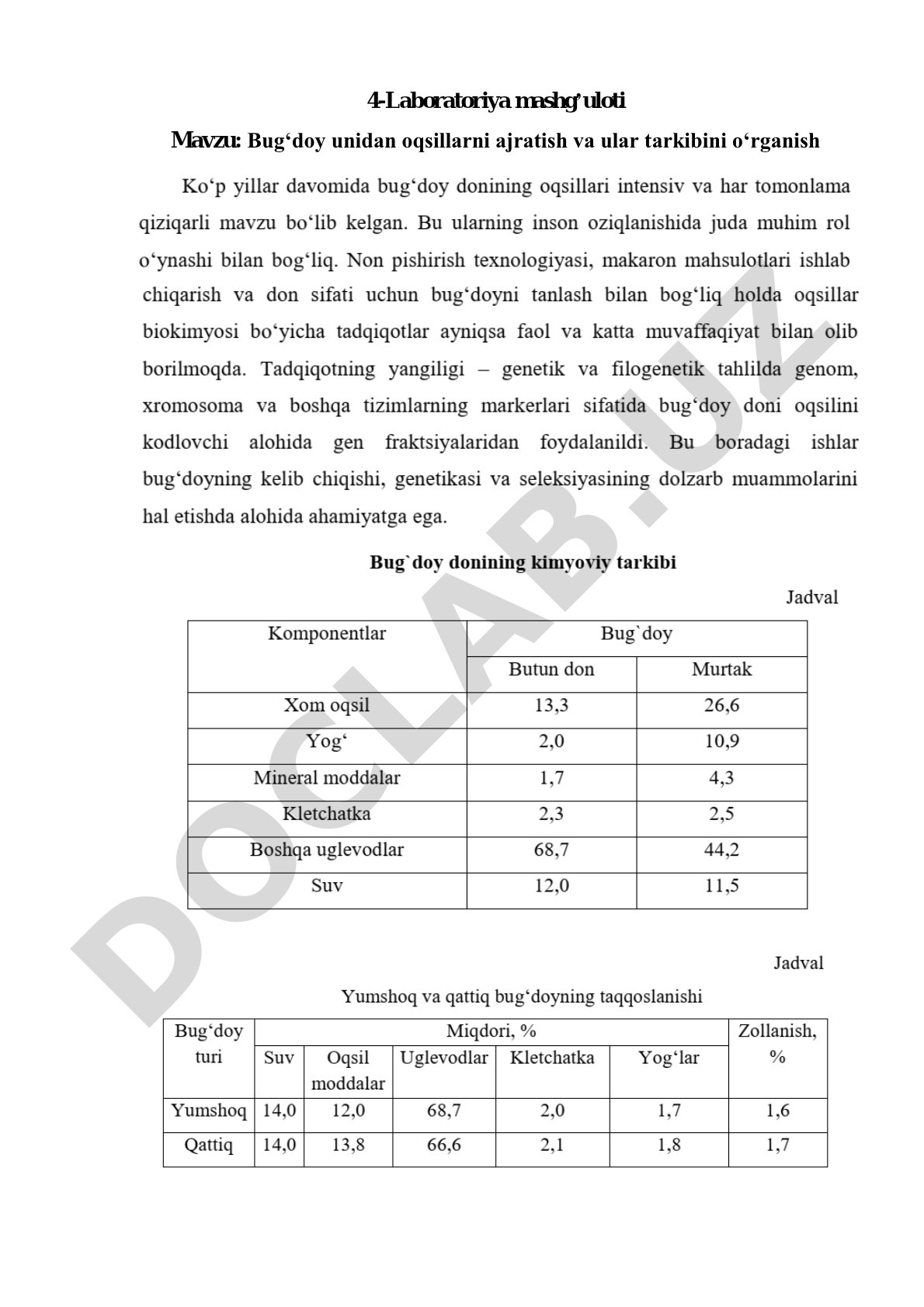 Bug‘doy unidan oqsillarni ajratish va ular tarkibini o‘rganish
