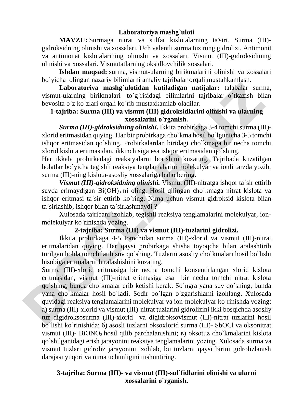 Surma va vismut birikmalarining olinishi va xossalari