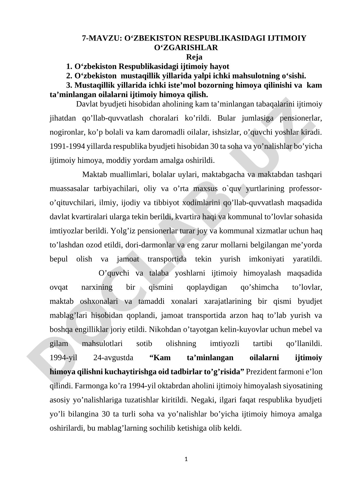 O‘zbekiston Respublikasidagi ijtimoiy o‘zgarishlar