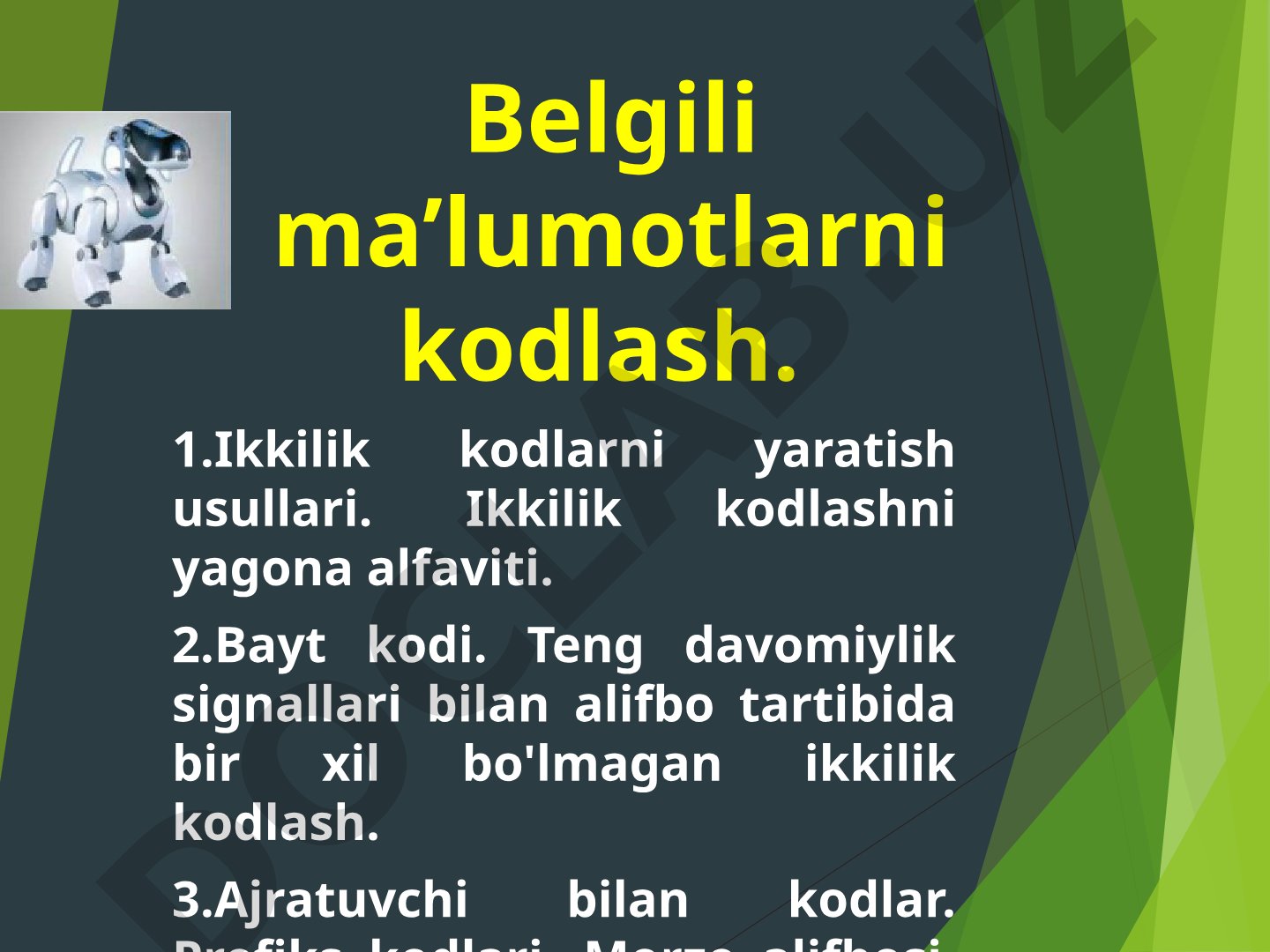 Belgili ma’lumotlarni ikkilik kodlash usullari