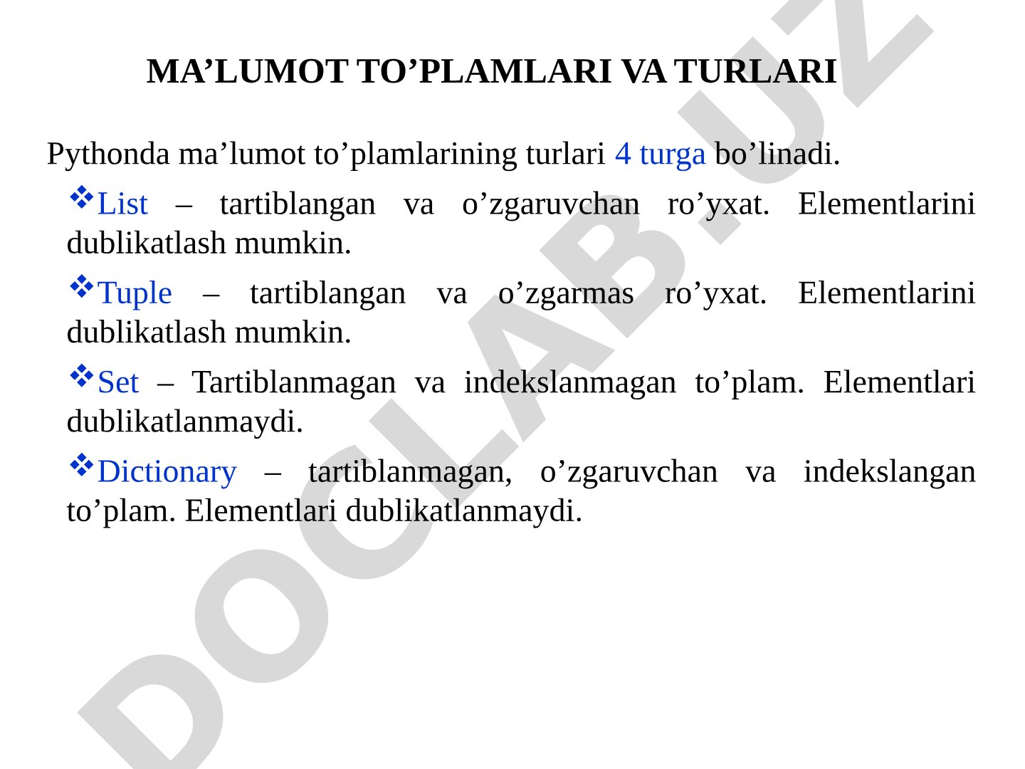 Ma’lumot to’plamlari va turlari