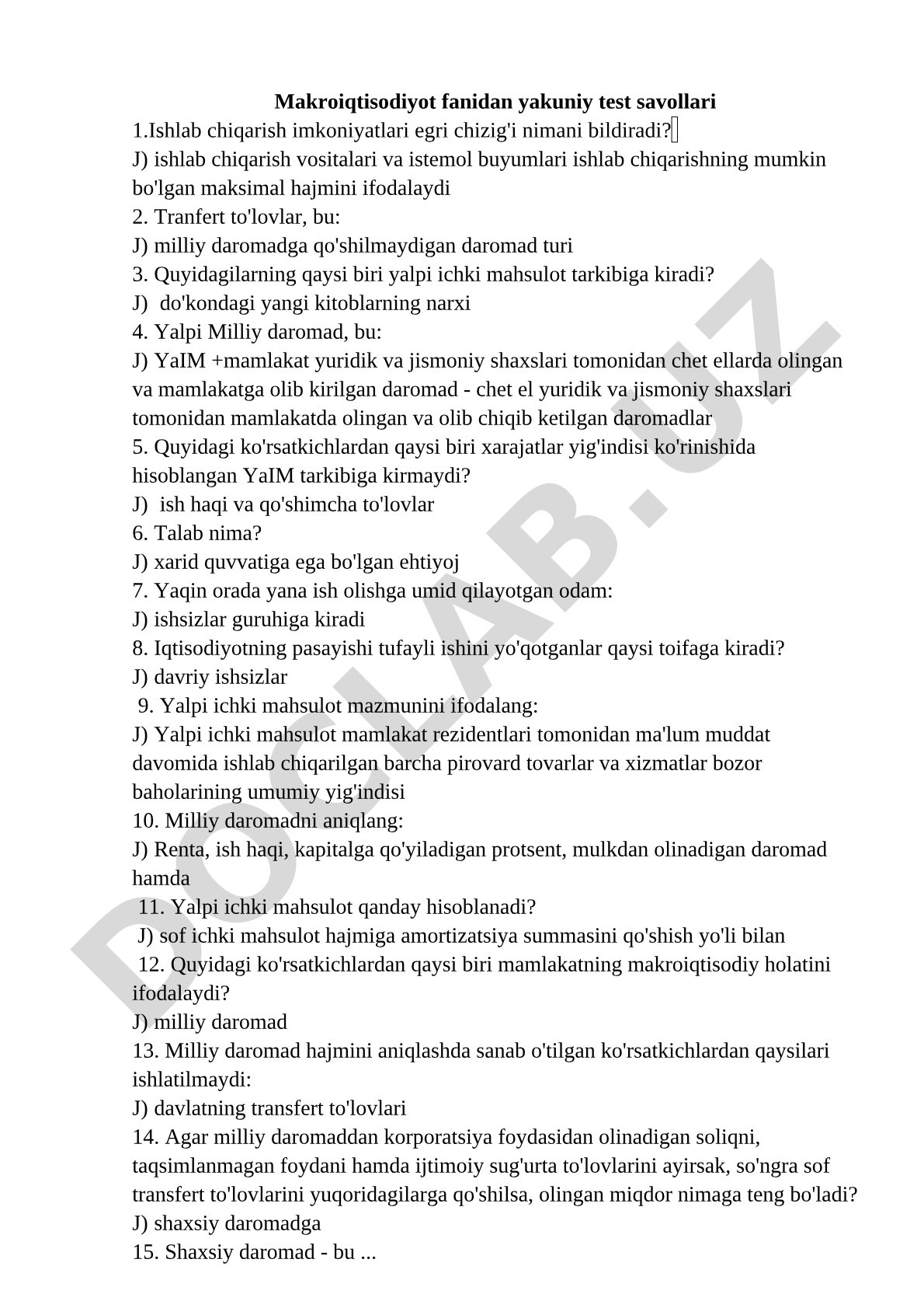 Makroiqtisodiyot fanidan yakuniy test savollari