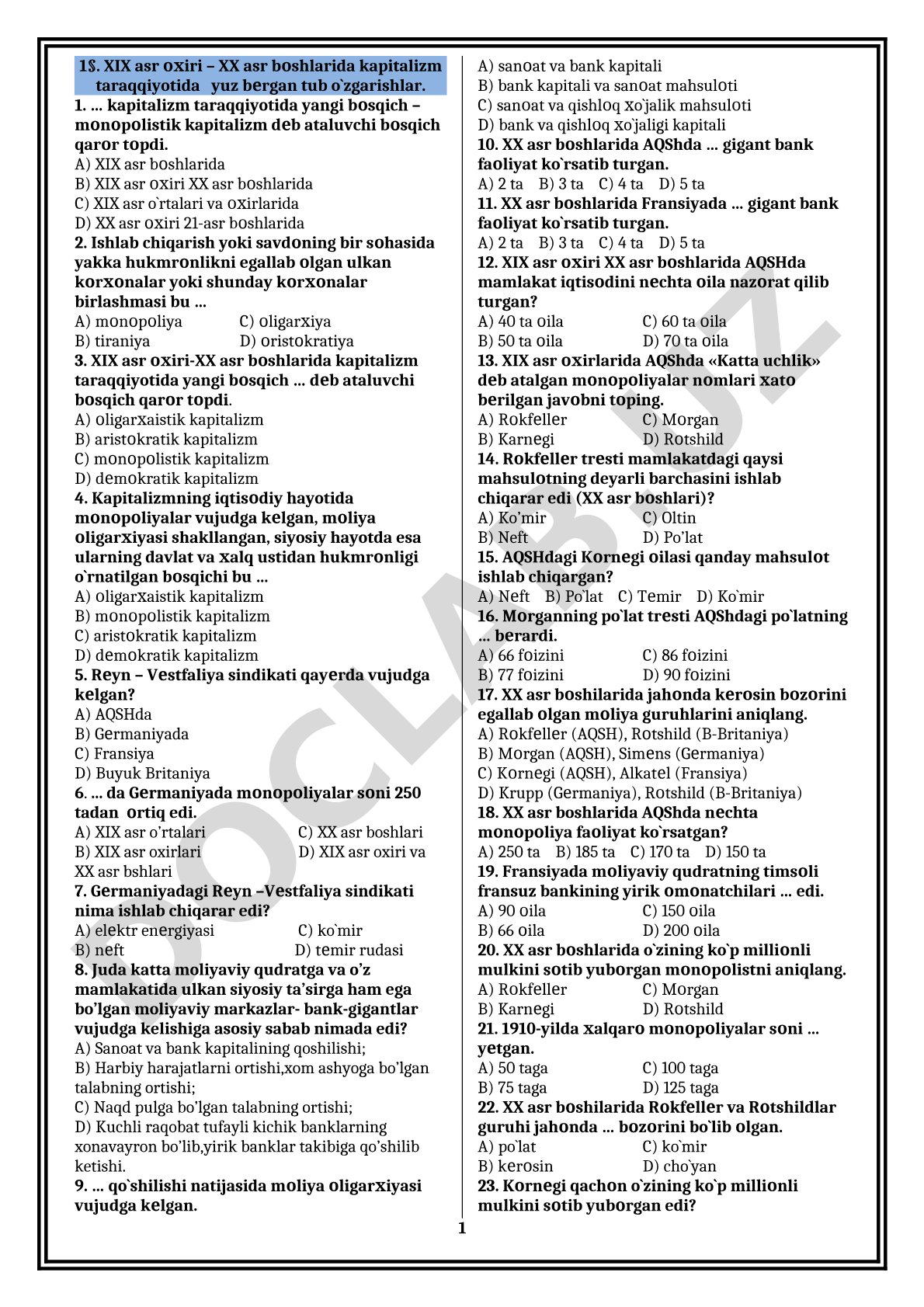 XIX asr oxiri – XX asr boshlarida kapitalizm taraqqiyotida yuz bergan tub o'zgarishlar