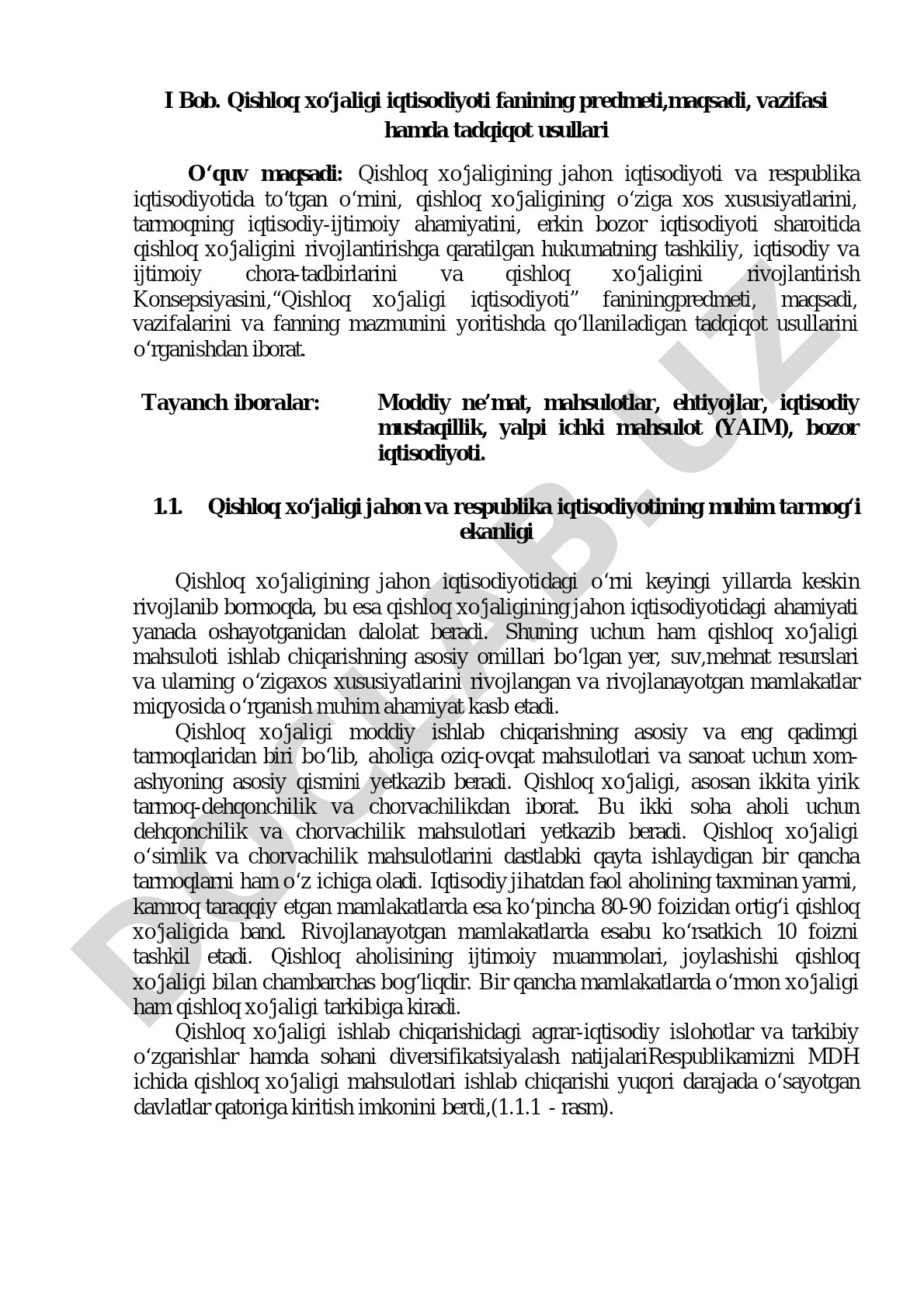 Qishloq xo‘jaligi iqtisodiyoti fanining predmeti, maqsadi, vazifasi hamda tadqiqot usullari