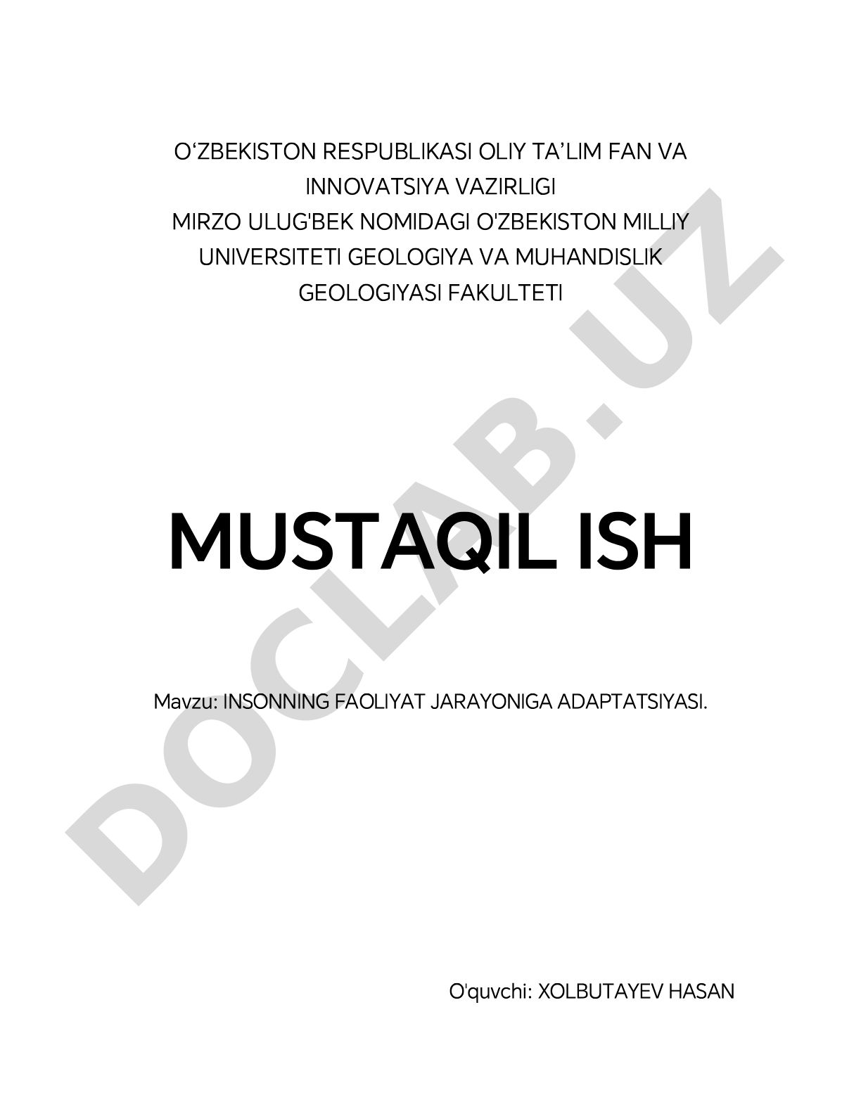 Insonning faoliyat jarayoniga adaptatsiyasi
