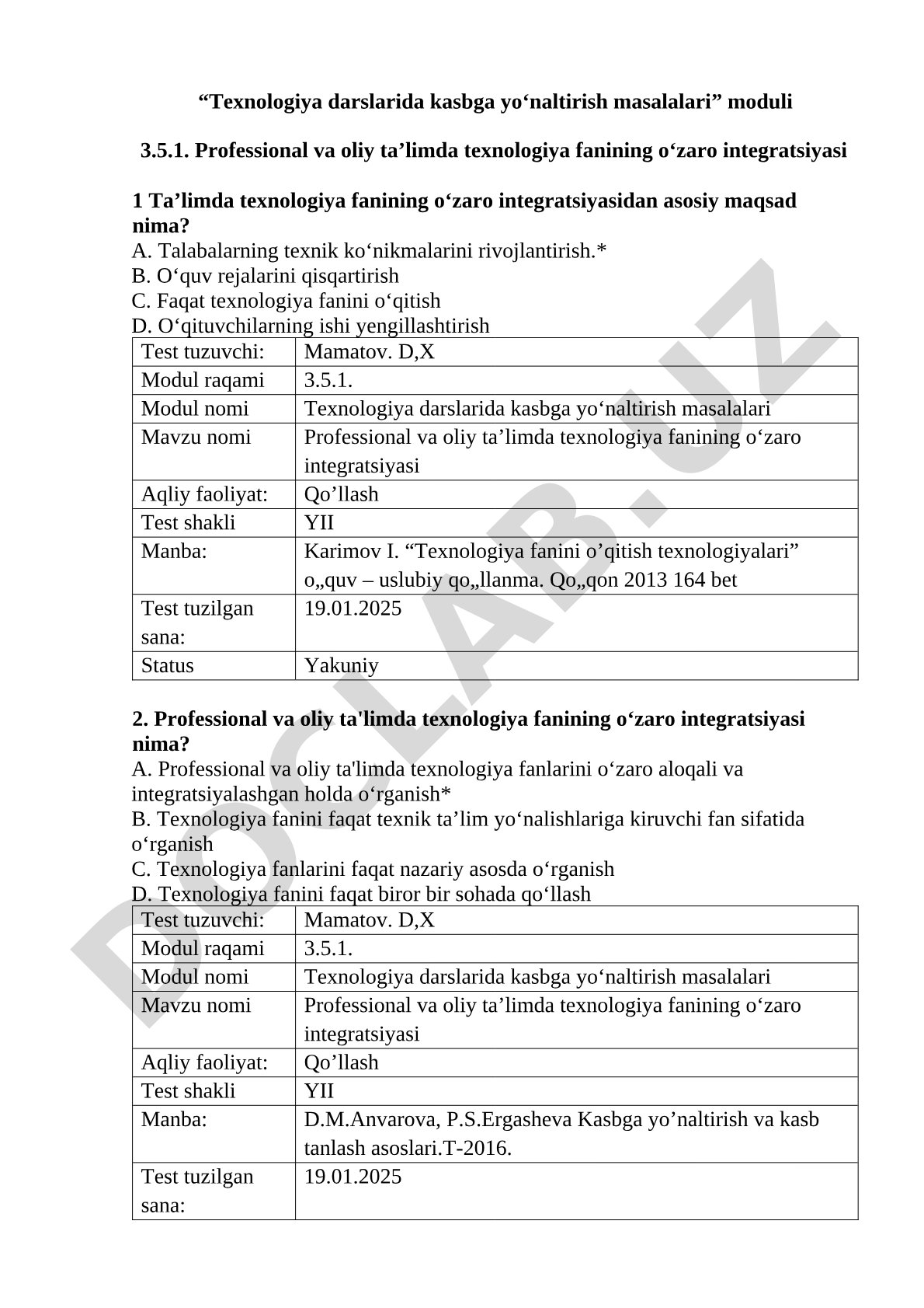 Professional va oliy ta’limda texnologiya fanining o‘zaro integratsiyasi